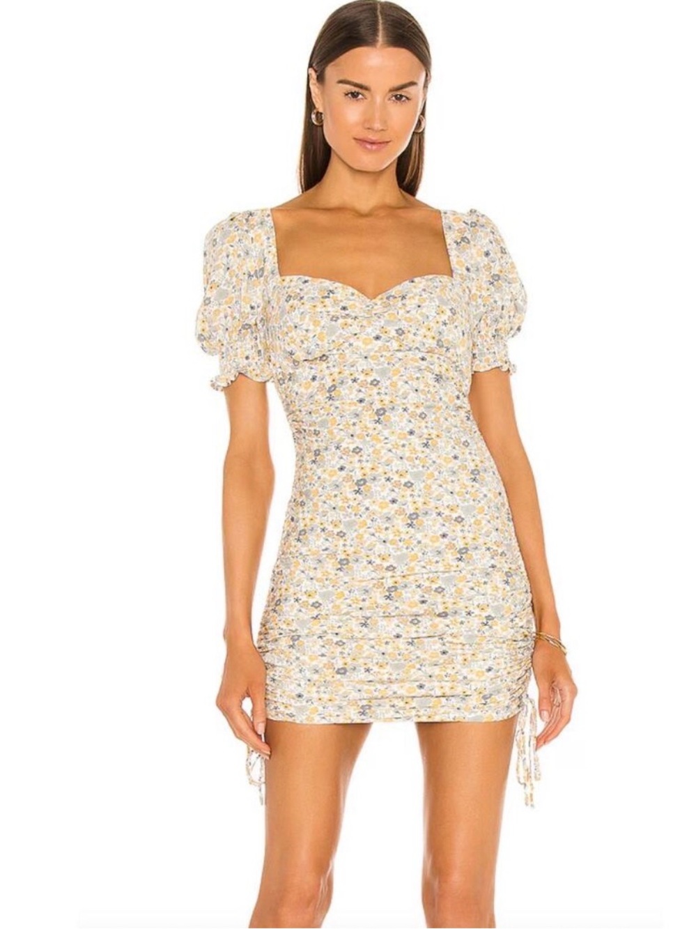 Bardot Cindy Sweetheart Dress Ruched Drawstring Sides Puff Sleeves Floral sz. S